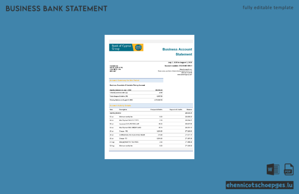 Beispielvorschau eines Firmenkontoauszugs der Bank of Cyprus im Word- und PDF-Format